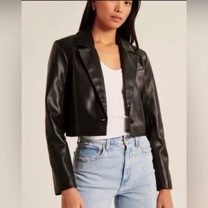 Abercrombie Cropped Black Faux Leather Blazer Jacket - Women's